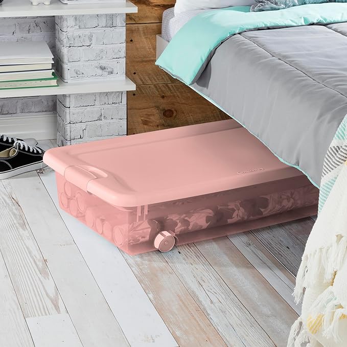 Sterilite 8 Pack Wheeled Under Bed Storage Container 56 Qt Plastic Bin w/Latching Lid for Organization - Clothes &amp Shoes Organizer Pearl Blush Tint