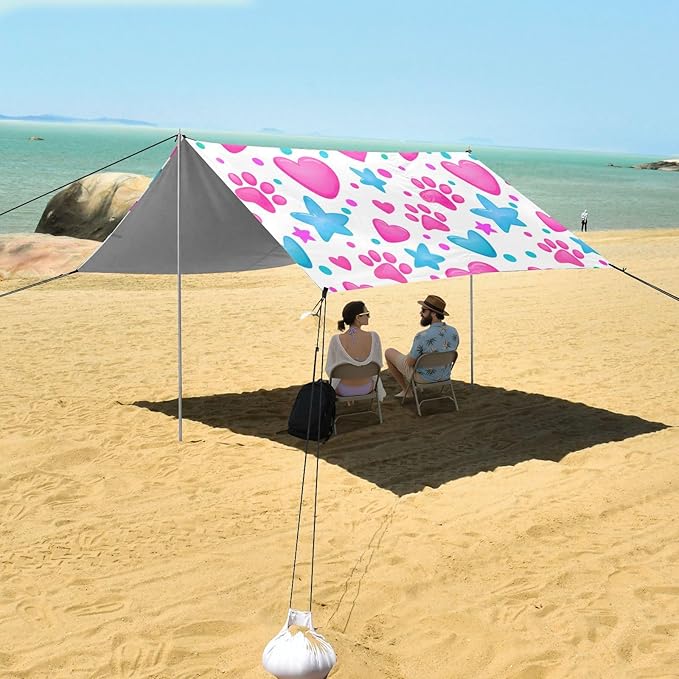 Beach Canopy with Windproof Ropes &amp Sandbags Beach Tent Sun Shade Sun Shelter for Camping Trips Fishing Backyard Fun or Picnics Heart