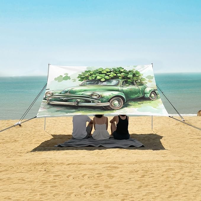 ALAZA Stst. Patrick's Day Green Retro Car Carries Clover Leaves Beach Tent Sun Shelter Portable Canopy Sunshade for Outdoor Camping Picnics Backyard Fun 10x9 ft