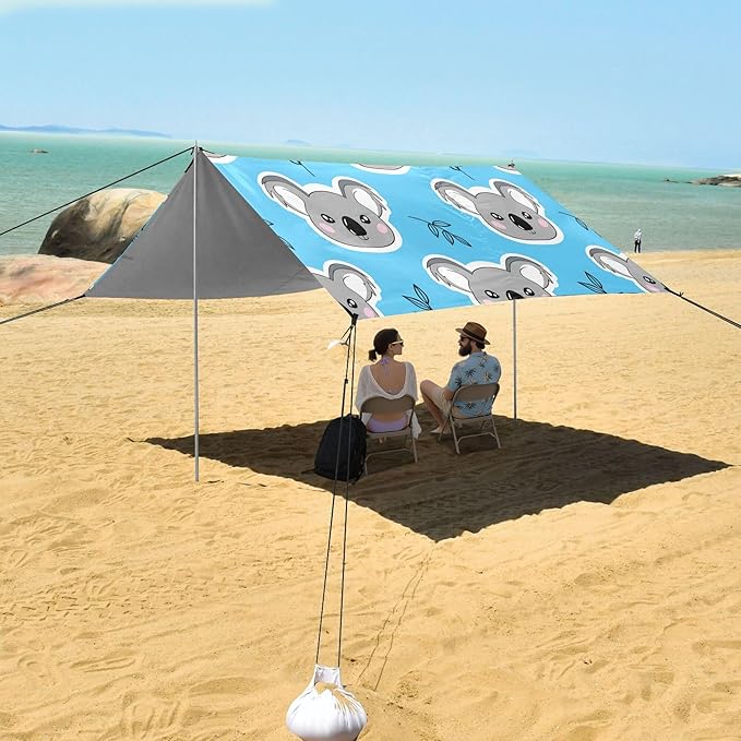 Koalas Beach Canopy Sun Shelter with Sandbags &amp Sand Shovel &amp Windproof Ropes - Portable 110x126 Beach Shade Beach Tent for Camping Picnics