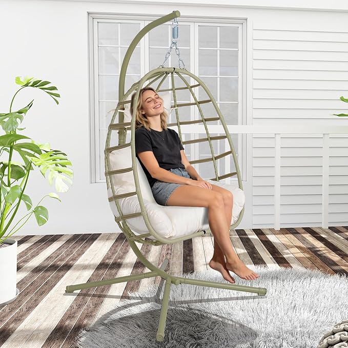 Hanging Egg Chair with Stand Outdoor Indoor Patio Rattan Swing Hammock Chairs with Washable Cushion 350lbs Capacity PE Wicker Swing Chair for Backyard Bedroom Garden (Cyan + White Cushion)