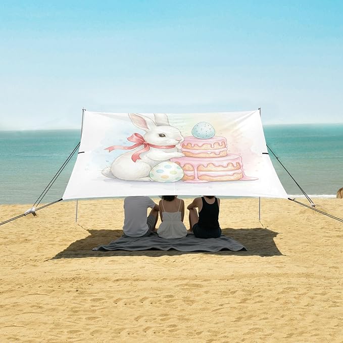 xigua Easter Bunny Beach Tent Sun Shelter with Carrying Bag - Silver Coated Oxford Fabric Beach Canopy for Beach Camping Fishing - Includes Windproof Ropes Sandbags &amp Stakes