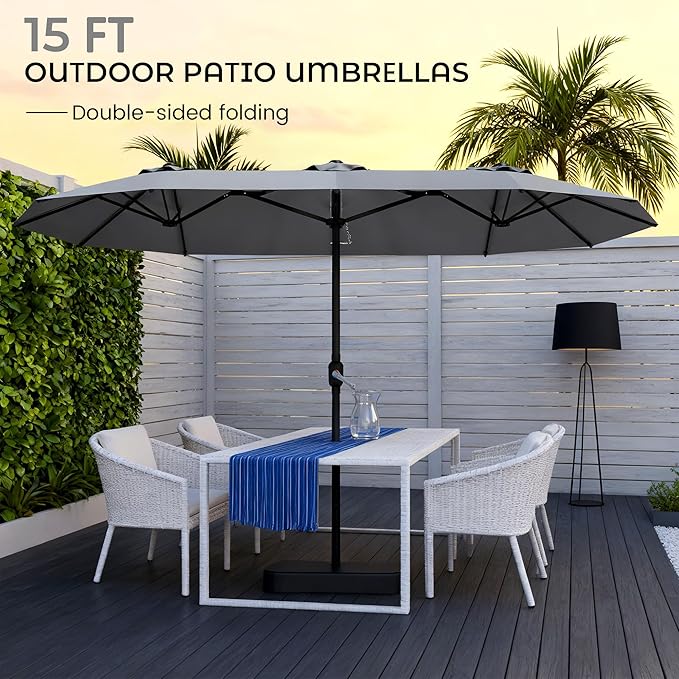 DomeShade 15ft Patio Umbrella with BaseLarge Outdoor Double-Sided Rectangle Umbrella with Crank Handle Market Umbrella for Poolside Garden Deck Backyard Beach Pools Gray