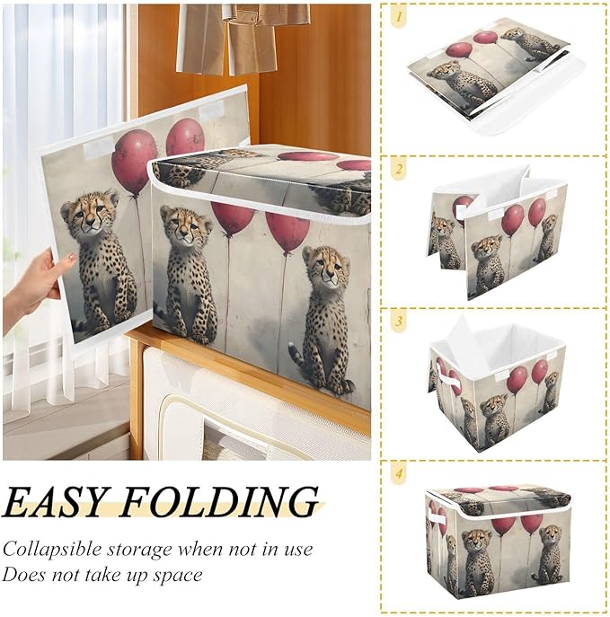 AIXIWAWA Lidded Storage Cube (Cute Cheetah) Fabric Foldable Closet Bins with Flip Lid and Handles Organizer Basket Container 16.5 x 12.6 x 11.8 IN