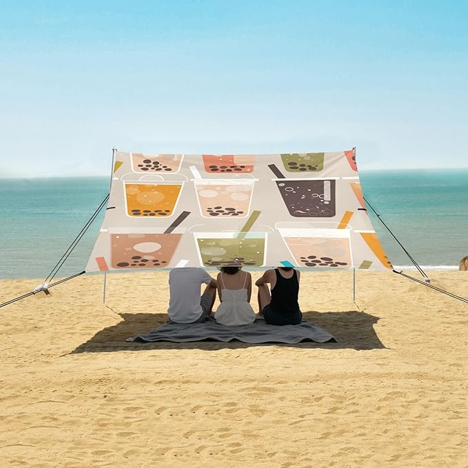 Bubble Tea Pattern Beach Canopy UPF50+ Protection Lightweight Large Portable Sun Shelter with Carrying Bag for Family Trips Picnics &amp Camping
