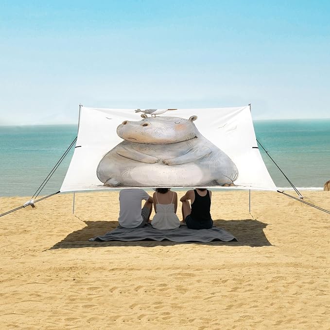 ALAZA Hippo Hippopotamus and Bird Beach Tent Sun Shelter UPF50+ Protection Beach Shade Canopy w/ 4 Sandbags for Outdoor Camping Fishing Backyard Fun Picnic 10x9 ft