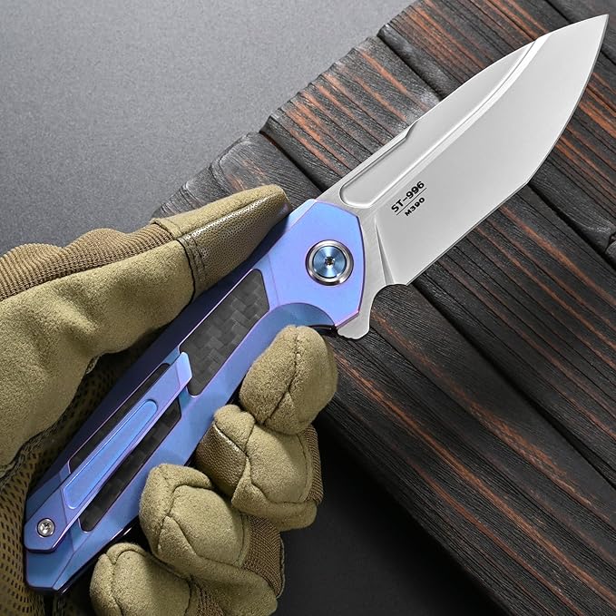Sitivien ST996 Folding KnifeHandmade M390 Pearlescent Polishing BladeTitanium &amp Carbon Fiber Handle Pocket Knife for Outdoor CampingHikingHunting(Blue)