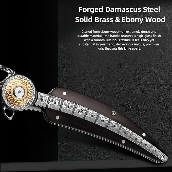 Damascus Steel Folding Knife HRC 60 Pocket Knife for Men Hand Forged Damascus Steel Blade Vegetable Tanned Leather Sheath Ebony Handle Hunting Knives &amp Tools Gifts for Guys