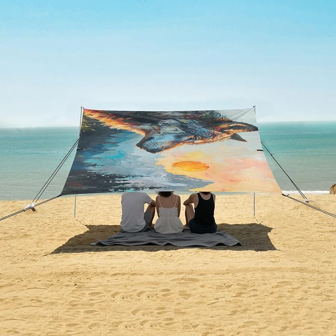 ALAZA Wolf Sunset Beach Tent Sun Shelter UPF50+ Protection Beach Shade Canopy w/ 4 Sandbags for Outdoor Camping Fishing Backyard Fun Picnic 10x9 ft