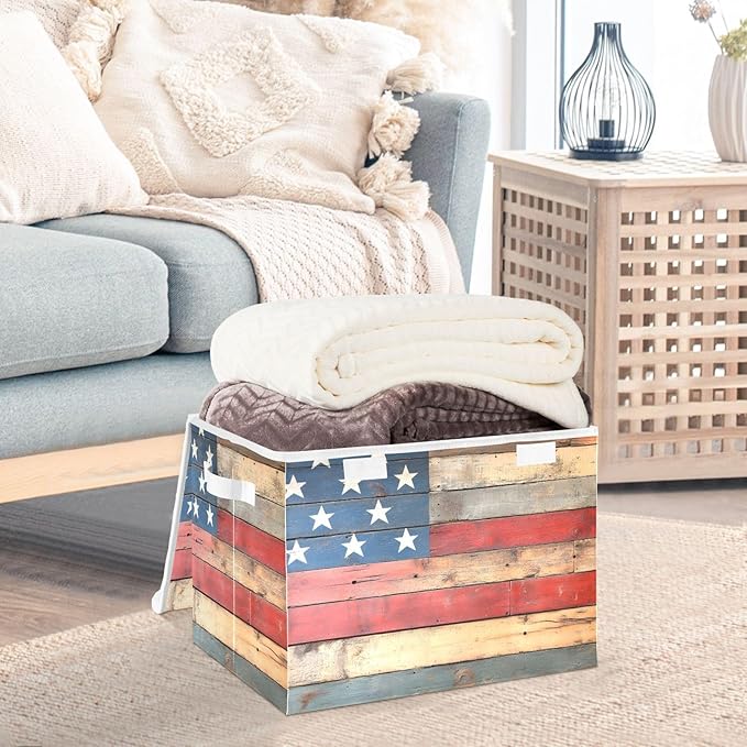 Storage Cube with Lid American Wood Floor Print 16.5×12.6×11.8 IN 1 Pack Collapsible Large Capacity Foldable Storage Basket Bin Organizer