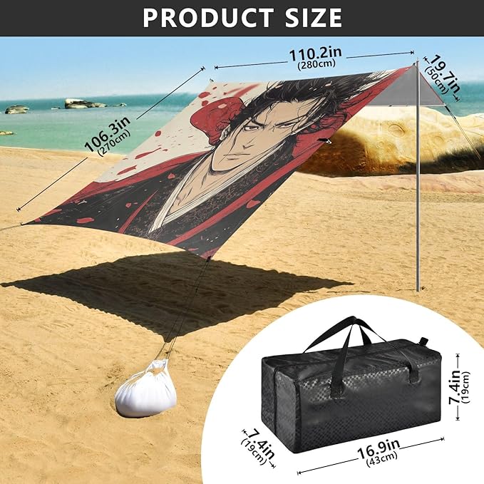 Game Anime Japanese Man Stable Beach Tent UPF50+ Waterproof Portable Sun Shelter with Sand Pockets for Backyard and Camping