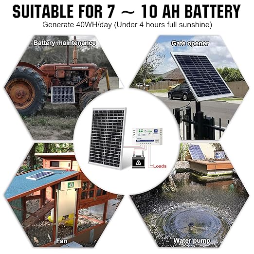 ECO-WORTHY 10W Solar Panel Battery Charger Portable for Charging 12V Battery or Vehicle Gate OpenerElectrical Fence Chicken Coop Lawn Tractor Boat