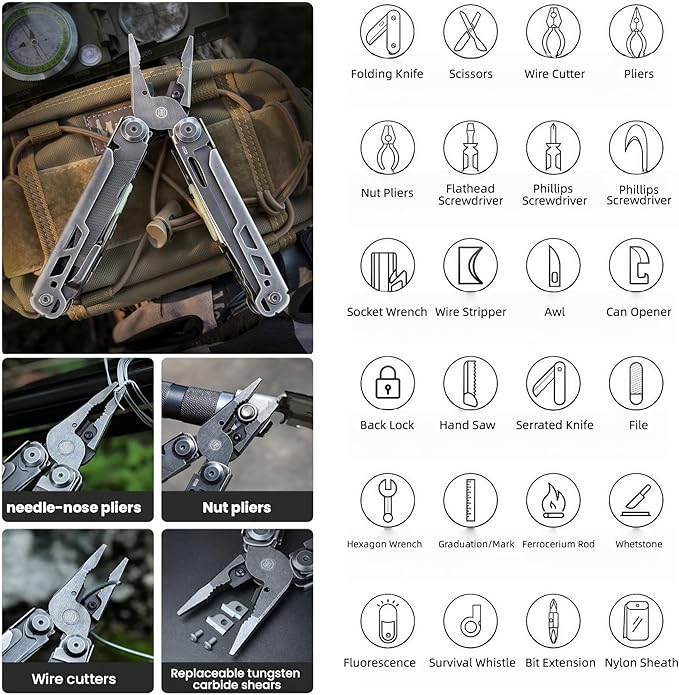 Multi Tool 26-in-1 Full-Size Lightweight EDC Multi-Purpose Pliers With Safety Locking Tactical Gear Nylon Bag Tools Gifts for Guys Gifts for Hunters Men who have Everything (Black)