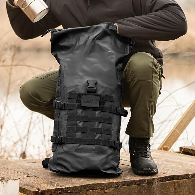 Mil-Tec Unisex 30L Tactical Seals Dry Bag - Secure Rugged Durable Waterproof Outdoor Kayaking Boating Camping Hiking MOLLE Backpack with Adjustable Wide Shoulder Straps &amp Padded Back Black