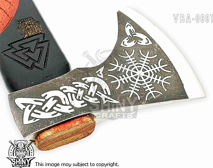 SHINY CRAFTS® Handcrafted Viking Axe – Engraved Nordic Blade with Wooden Handle Norse Bearded Hatchet for Men Unique Gift for Him Collectors Cosplay Camping Medieval Wall Decor (VBA-01)
