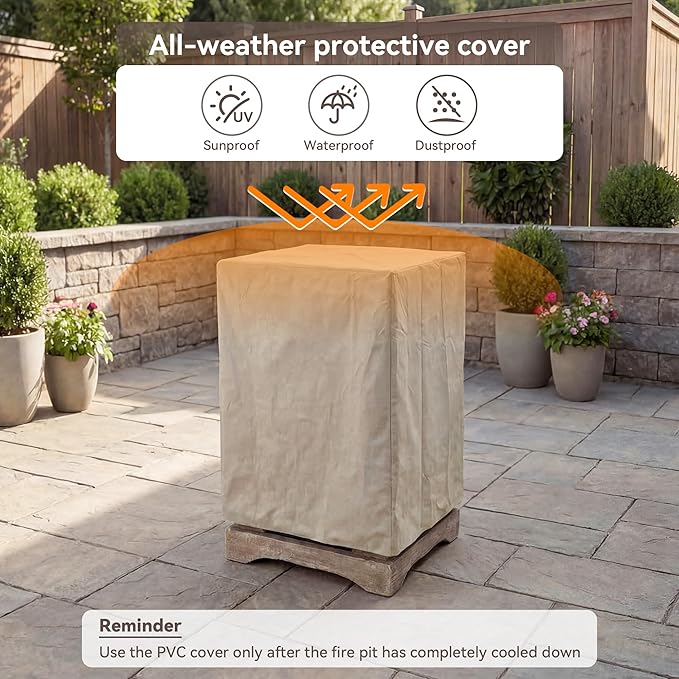 COSIEST Outdoor Propane Fire Pit Table w Faux Brown Compact Ledge Stone 20 Square Base and Faux Rose-Marble Round Bowl Certified 40000 BTU Free Lava Rocks Fits 20lb Tank Inside Raincover