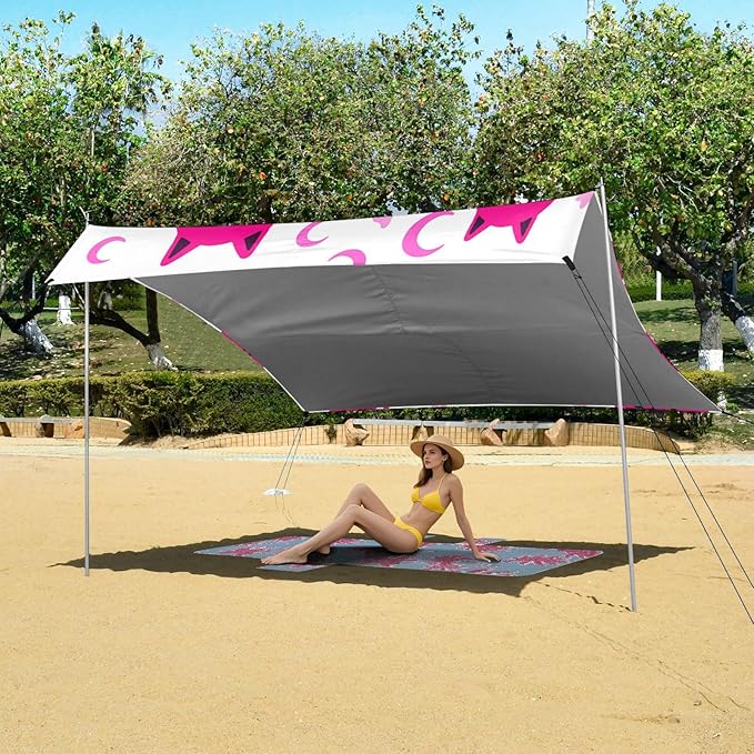 xigua Cat Beach Tent Sun Shelter with Carrying Bag - Silver Coated Oxford Fabric Beach Canopy for Beach Camping Fishing - Includes Windproof Ropes Sandbags &amp Stakes