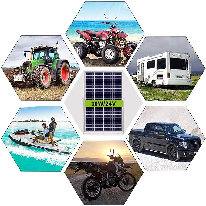SOLPERK 30W 24V Solar Panel Adjustable Mount Bracket+Alligator Clips+Screw Sets Solar Battery Trickle Charger Maintainer for Automotive Motorcycle Boat Marine RV