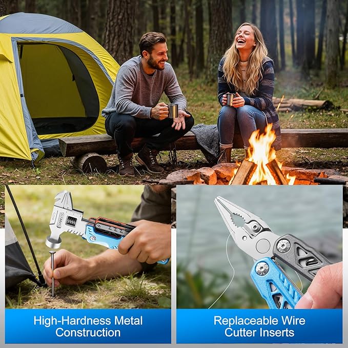 18-in-1 Multitool with Hammer &amp Adjustable Wrench Heavy-Duty Stainless Steel Folding Multi Tool Pliers for Camping Survival &amp Emergency Practical Gifts for Men &amp Dad (Blue)