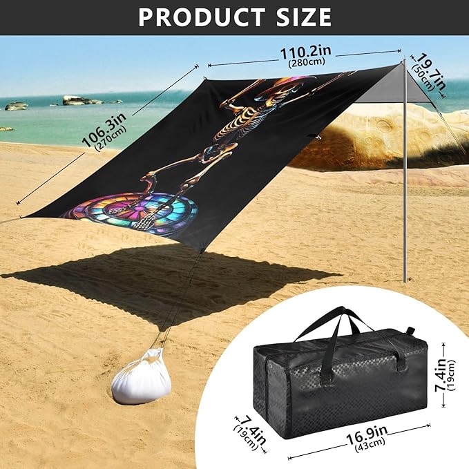 ALAZA Dancing Skeleton Pop Beach Tent Sun Shelter UPF50+ Protection Beach Shade Canopy w/ 4 Sandbags for Outdoor Camping Fishing Backyard Fun Picnic 10x9 ft