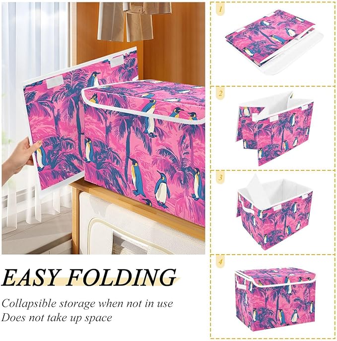 Storage Cube with Lid Tropical Penguin Print 16.5×12.6×11.8 IN 1 Pack Collapsible Large Capacity Foldable Storage Basket Bin Organizer