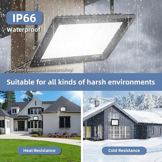 100W Flood Lights Outdoor12000LM Bright LED Work LightIP66 Waterproof Plug in Outdoor Floodlight with Switch and 6.5FT Cord6500K Daylight White Security Light for YardGarageGardenStadium(2 Pack)