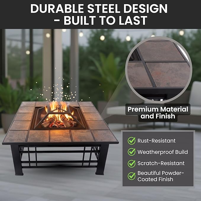 Fire Pit Set Wood Burning Pit - Includes Spark Screen and Log Poker - Great for Outdoor and Patio 32” Square Tile Firepit by Pure Garden