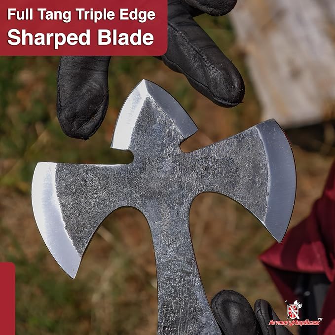 Armory Replicas™ Grip Analysis Full Tang Forged High Carbon Steel Triple Edge Outdoor Viking Inspired Throwing Axe w/Genuine Leather Sheath.