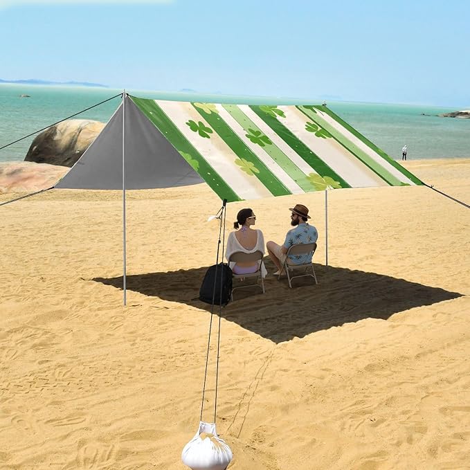 Saint Patrick's Striped Shamrocks Beach Tent Sun Shelter Set UPF50+ UV Protection 10.5 x 9.19 FT Camping Shade Canopy with Sandbags Sand Anchors Carrying Bag and Others