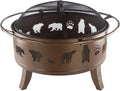 Pure Garden 50-LG1202 32” Outdoor Deep Fire Pit-Round Large Steel Bowl with Bear Cutouts Mesh Spark Screen Log Poker &amp Storage Cover-Patio Wood Burning Antique Gold