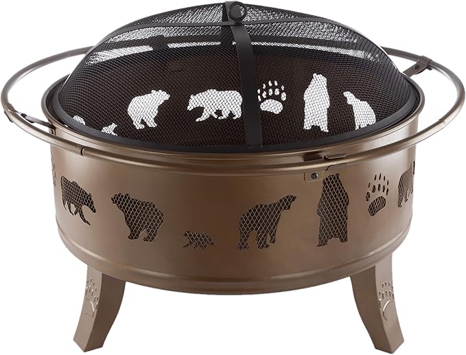 Pure Garden 50-LG1202 32” Outdoor Deep Fire Pit-Round Large Steel Bowl with Bear Cutouts Mesh Spark Screen Log Poker &amp Storage Cover-Patio Wood Burning Antique Gold