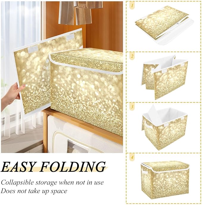 Golden Glitter Yellow Fabric Storage Boxes with Lid and Handles Foldable Storage Bins Organizers Cube Basket for Closet Home Office 1 Pc