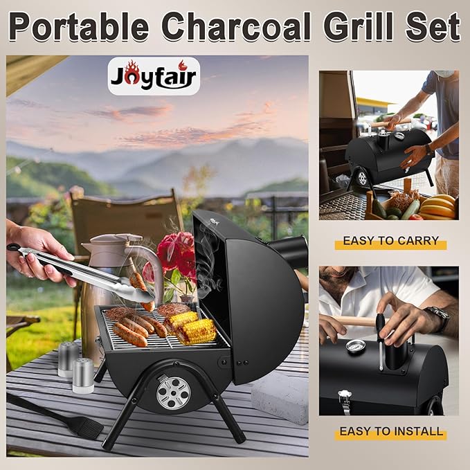 Joyfair Portable Charcoal Grill Set Small Tabletop Barbecue Grill with Accessories Tools for Outdoor Camping BBQ Grilling Backyard Party Cooking Heavy Duty &amp Innovative Design Thermometer &amp