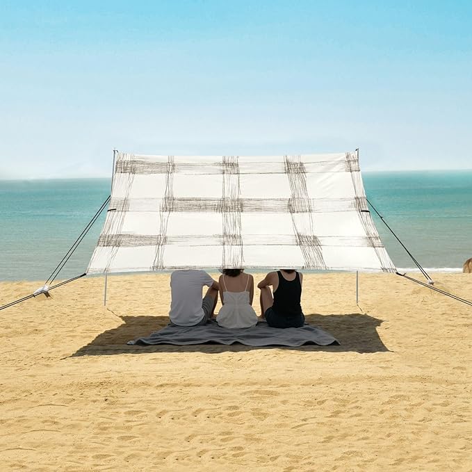 Ivory Checked Hand-Drawn Sketch Stable Beach Tent UPF50+ Protection Lightweight Shade Sun Shelter with Sandbags Sand Shovel Poles for Family Trips Picnics &amp Camping
