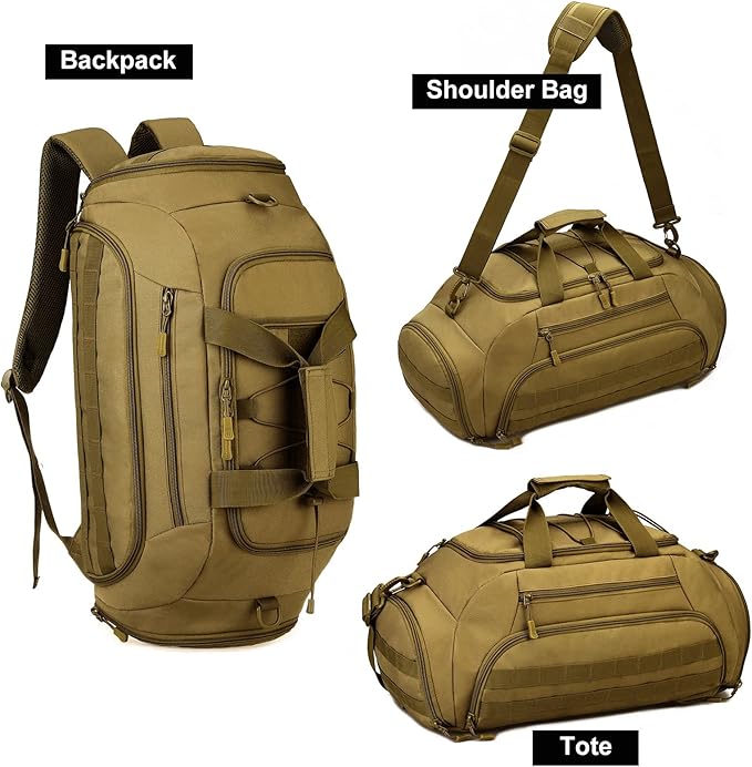 UNISTRENGH 3-Ways Tactical Military Nylon Men Holdall Weekend Travel Duffel Bag Backpack Messenger Shoulder Bags Rucksack Handbag (Coyote-45L)