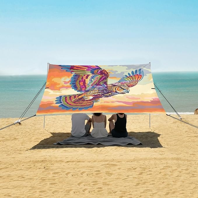 ALAZA Rainbow Color Owl Soraing Sunset Beach Tent Sun Shelter UPF50+ Protection Beach Shade Canopy w/ 4 Sandbags for Outdoor Camping Fishing Backyard Fun Picnic 10x9 ft