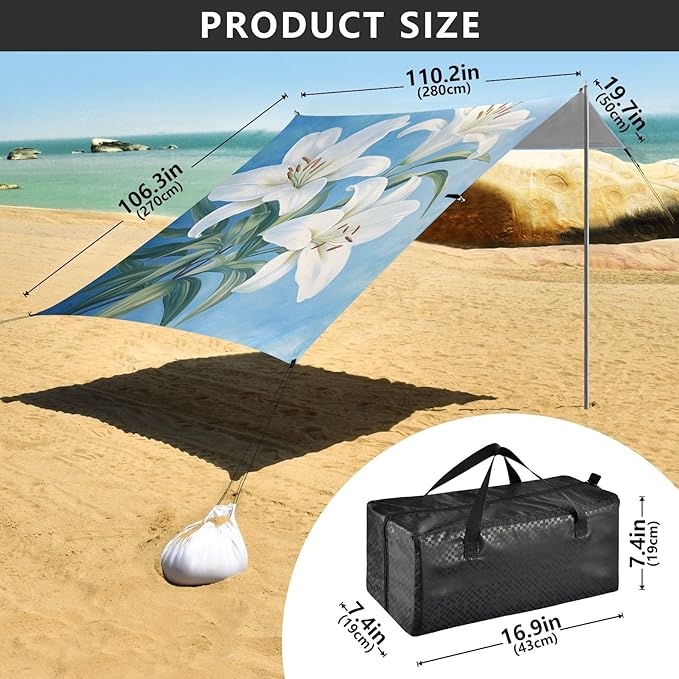 ALAZA White Lily Flowers on Blue Beach Tent Sun Shelter Portable Canopy Sunshade for Outdoor Camping Picnics Backyard Fun 10x9 ft
