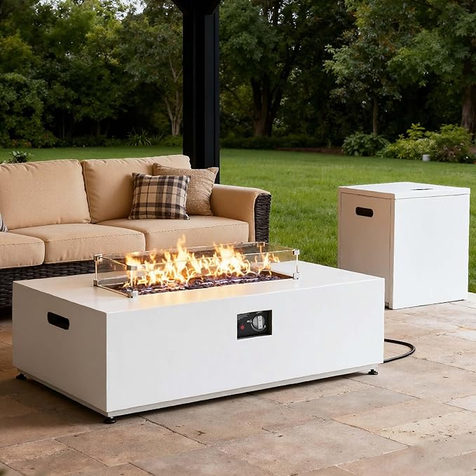 42 Propane Fire Pit Table Set with Tank Holder Rectangle 2-Piece Outdoor Firepit Wind Guard Lid Glass Stones and Cover