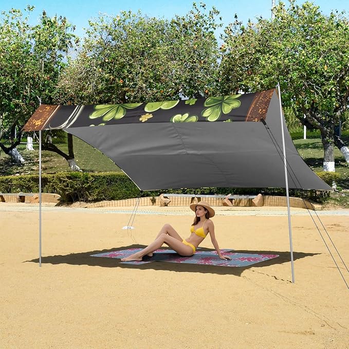 ALAZA St. Patrick's Day Clover Leaves and Glasses of Beer Beach Tent Sun Shelter Portable Canopy Sunshade for Outdoor Camping Picnics Backyard Fun 10x9 ft