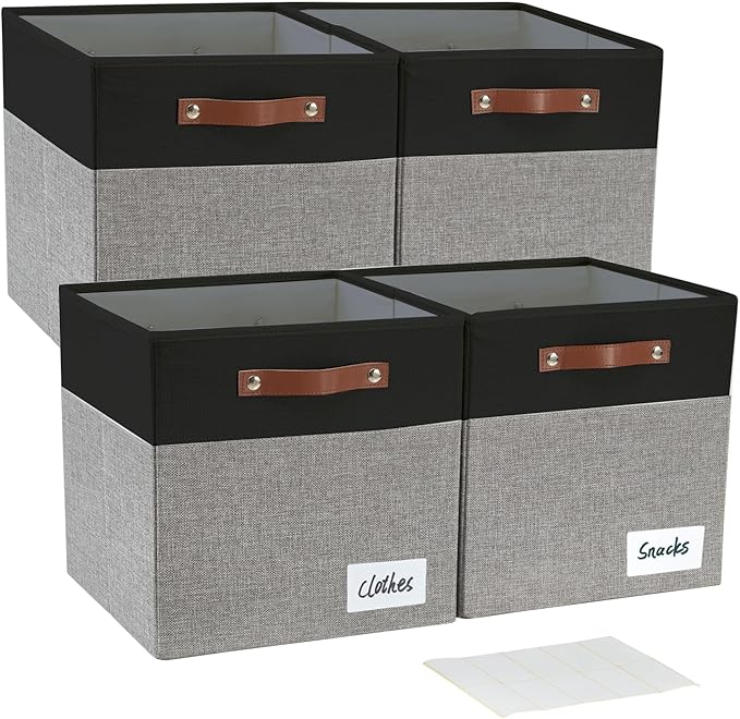 Collapsible Fabric Storage Cube Bins with 2 Reinforced PU Handles Foldable Storage Organizer Baskets for Closet Shelves Living Room | 11x11x11 4 Pack Black &amp Gray