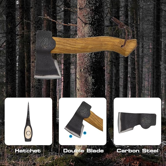 Prandi Segurin Hatchet 88lb - Hickory Handle 11in with Leather String - Ideal for Camping Travel and Bushcraft - Made in Italy