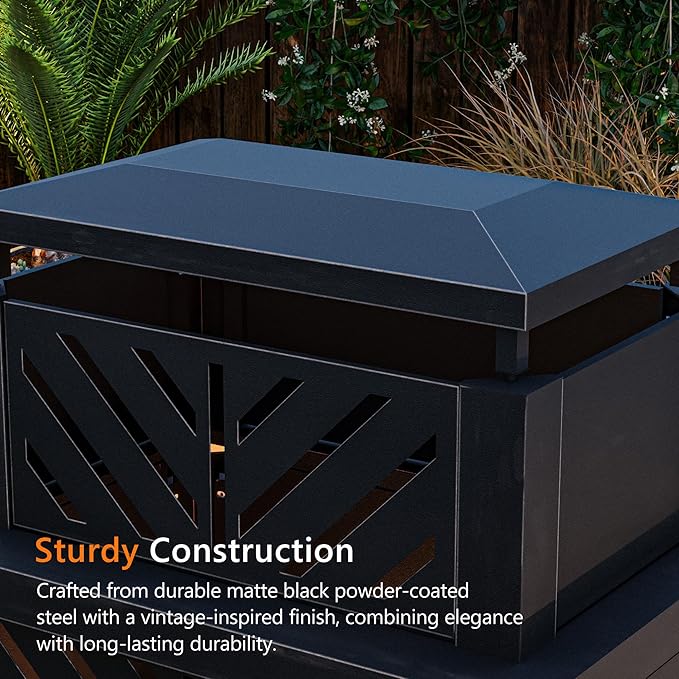 Outdoor Fireplace with Chimney and Wood Storage Metal Wood Burning Fire Pit with Heat Resistant Gloves Fire Poker and Grill Mesh Outside Fireplace for Patio Garden and Deck Black
