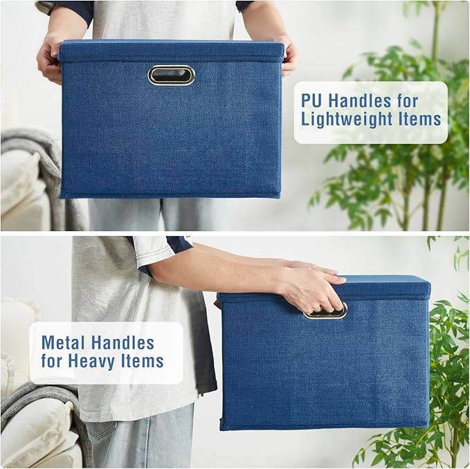 15 Large Collapsible Storage Bins with Lids Stackable Closet Organizers with PU Handle and Labels 3-Pack Decorative Fabric Storage Boxes for Home Bedroom Closet Office Nursery(Navy Blue)