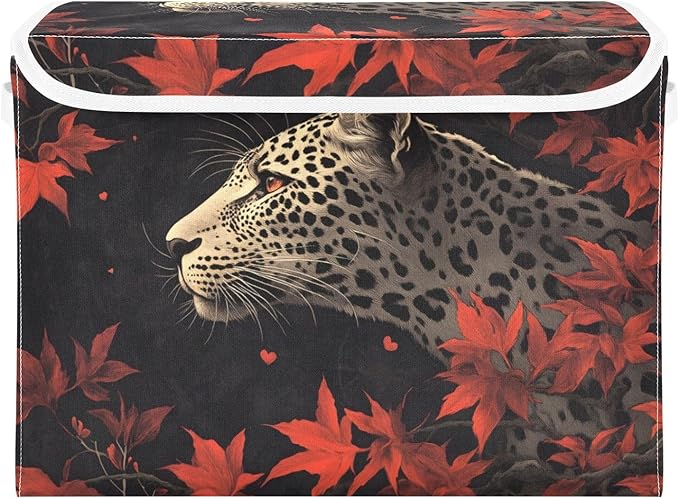 AIXIWAWA Lidded Storage Cube (Leopard Leaves) Fabric Foldable Closet Bins with Flip Lid and Handles Organizer Basket Container 16.5 x 12.6 x 11.8 IN