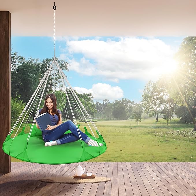 Sorbus 56 Stylish Hanging Swing Nest - Premium Cotton Double Hammock Daybed Saucer Swings Lounger - 264lbs Spinner Swing w/Pillow - Easy Setup Sturdy Tree Swing - for Indoor/Outdoor Travel - Green