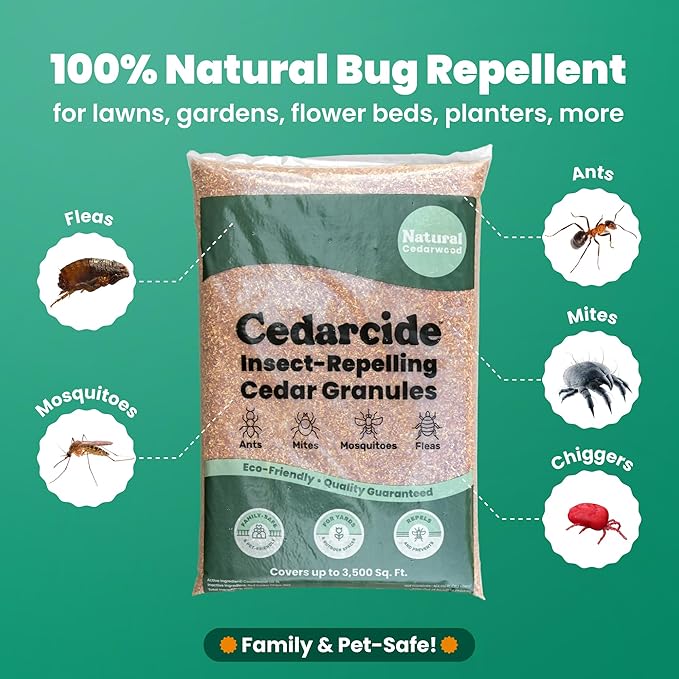Cedarcide Lawn Home &amp Garden Cedar Granules | Repels Fleas Ticks Ants &amp Mosquitoes | Smells Great Easy to Use | Family &amp Pet Safe | 2 Bags (16 Lbs)