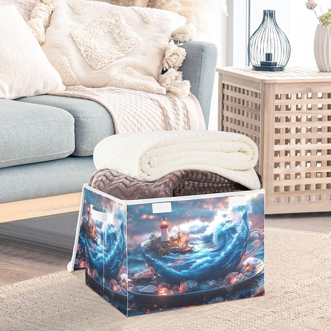 AIXIWAWA Lidded Storage Cube (Surreal Cup) Fabric Foldable Closet Bins with Flip Lid and Handles Organizer Basket Container 16.5 x 12.6 x 11.8 IN