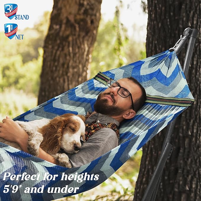 Tranquillo Uniki 550 lbs Capacity Double Hammock Stand Adjustable Collapsible Camping Hammock and Stand Signature Steel Stand Breathable Polyester Hammock Net Chevron
