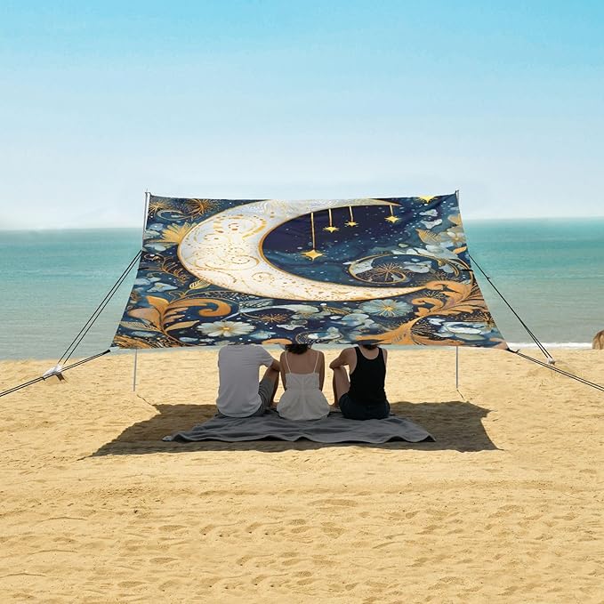ALAZA Moon Star Witchy Art Beach Tent Sun Shelter UPF50+ Protection Beach Shade Canopy w/ 4 Sandbags for Outdoor Camping Fishing Backyard Fun Picnic 10x9 ft