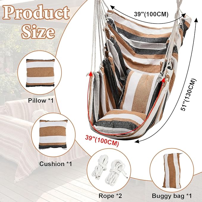 Hammock Chair Hanging Swing with 2 Pillows &amp Side Pocket Soft Cotton Tassel Swinging Chair with Strong Webbing Straps &amp Hooks Indoor Outdoor Comfort Seat (Brown)